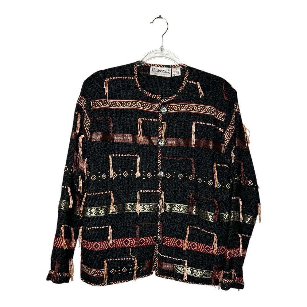 Flashback Jacket Womens Medium Black Knit Boho Tassel Western Intricate Vintage